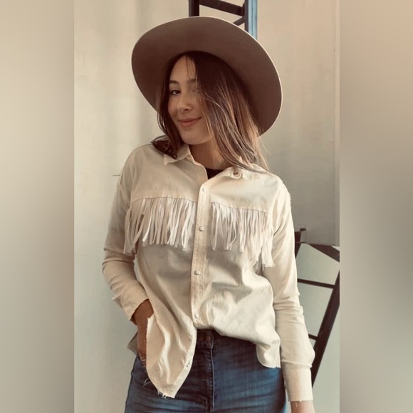 Zara western cowgirl style fringe button down shirt off white / beige size M - Picture 1 of 9